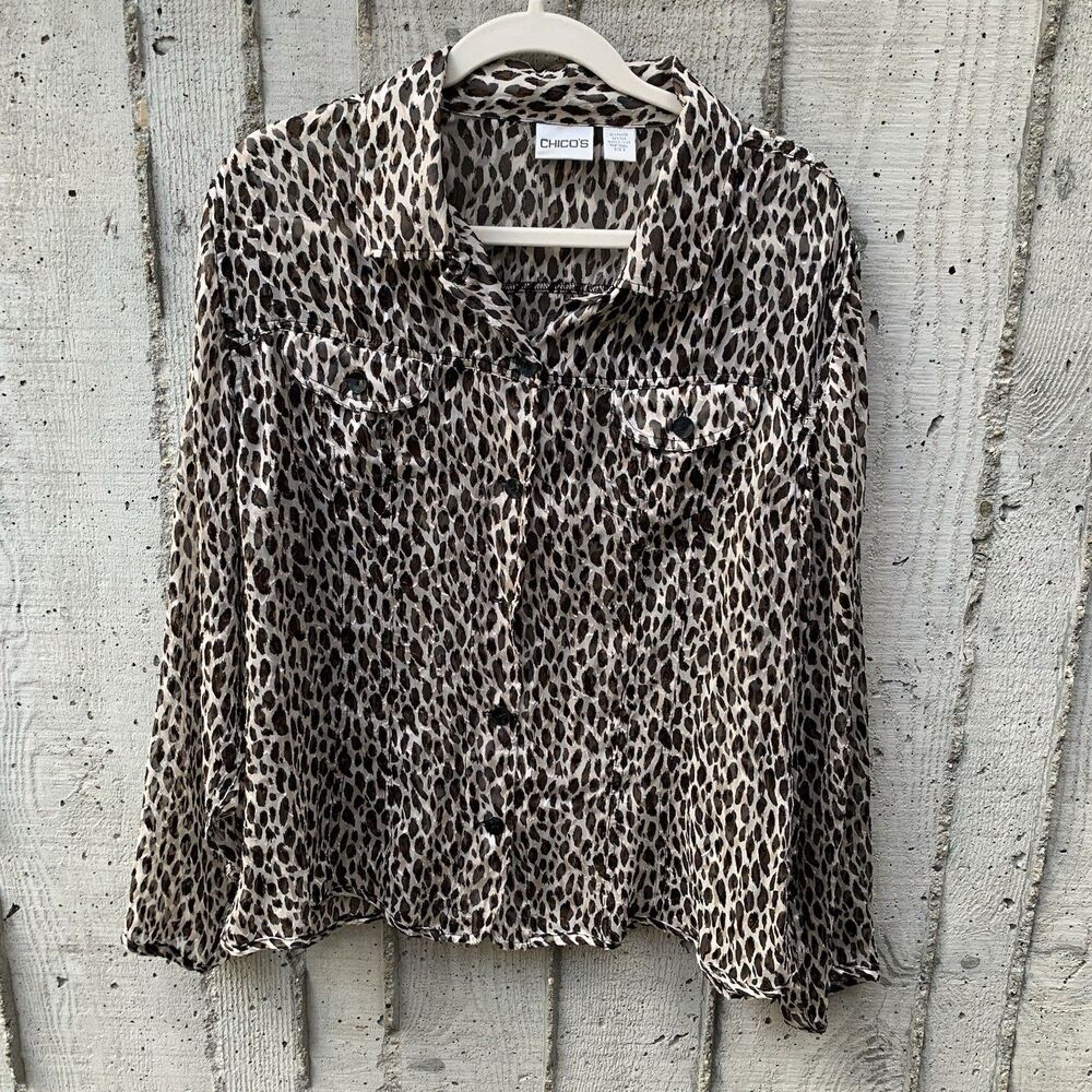 Chicos Women's Silk Blend Button Up Sheer Long Sleeve Blouse Leopard Print XL/3